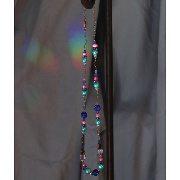 Custom Crystal Necklace with Peacock Turquoise Pink Lavender Crystals Metal Art - Picture 1 of 6